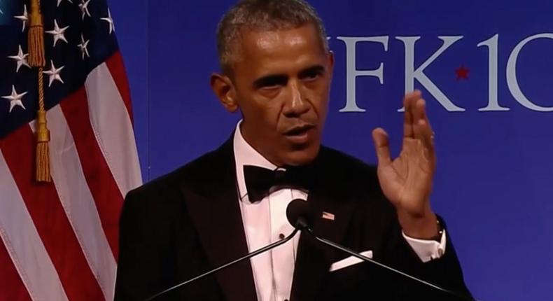 Barack Obama accepting the Profiles in Courage Award at the John F. Kennedy Library in Boston on Sunday.