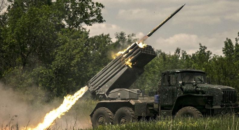 Ukrainian troops fire with surface-to-surface rockets MLRS toward Russian positions in the eastern Ukrainian Donbas region.