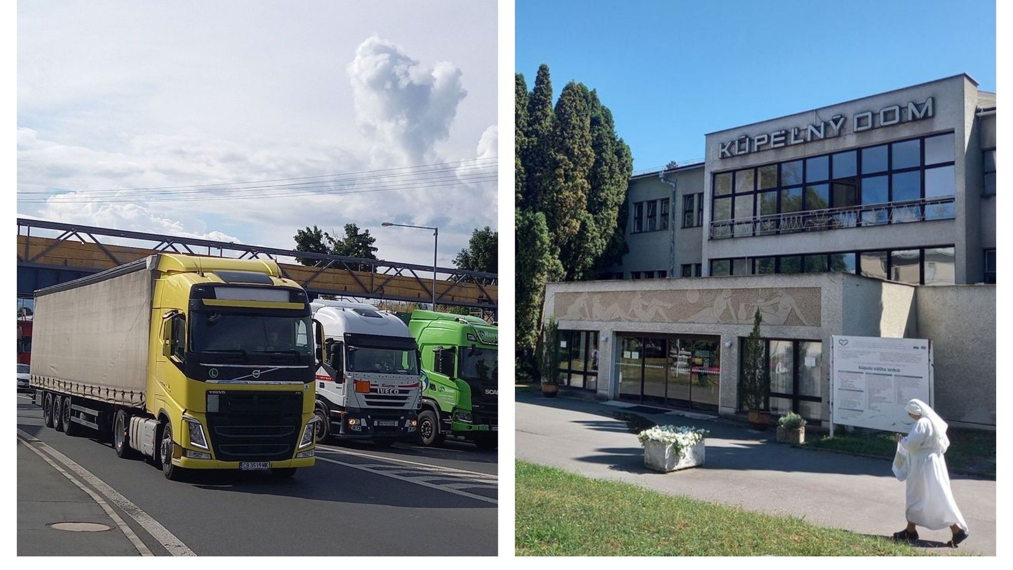 Vľavo kamióny na zaťaženej Lučeneckej ceste vo Zvolene, vpravo Kúpele Sliač. 