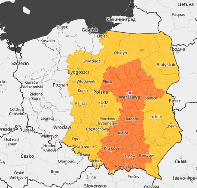 Prognoza ostrzeżeń na niedzielę. Obowiązywać będą alerty przed burzami, a od Podlasia po Małopolskę i Podkarpacie także przed upałem