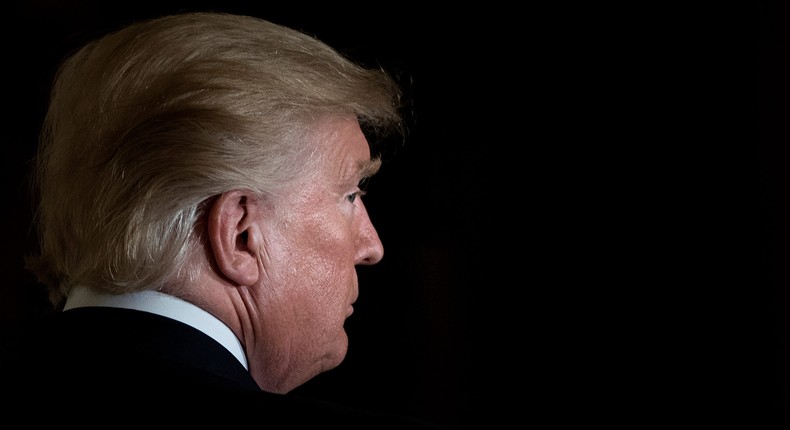 US President Donald Trump leaves after a Hispanic Heritage Month event in the East Room of the White House October 6, 2017 in Washington, DC. - President Trump invited over 200 Hispanic business, community, and faith leaders, and guests from across the country to join in the celebration of Hispanic Heritage Month.