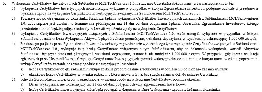 Fragment statutu funduszu TechVentures, opisujący zasady wykupu certyfikatów uprzywilejowanych.