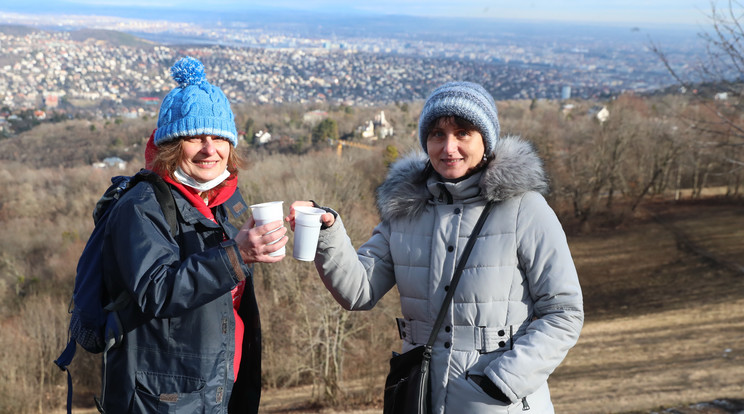 Veronika  (54) és Anna (50) forralt borral koccintottak az átmeneti kimozdulásra. Anna Angliából érkezett haza, azt mondja, ezt itt a teljes szabadság, legalábbis a szigetországhoz képest, Londonban ugyanis a kirándulások is tiltva vannak a járvány miatt/Fotó: Pozsonyi Zita