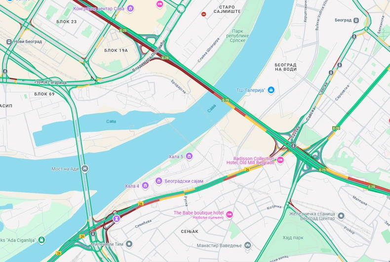 Mapa gužve na Gazeli i oko Beogradskog sajma i Ade Ciganlije