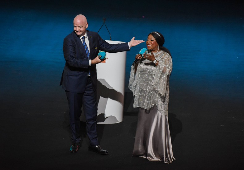 IFA President Gianni Infantino (L) and FIFA Secretary General Fatma Samoura react during the draw ceremony for the 2023 FIFA Women's World Cup in Auckland on October 22,
