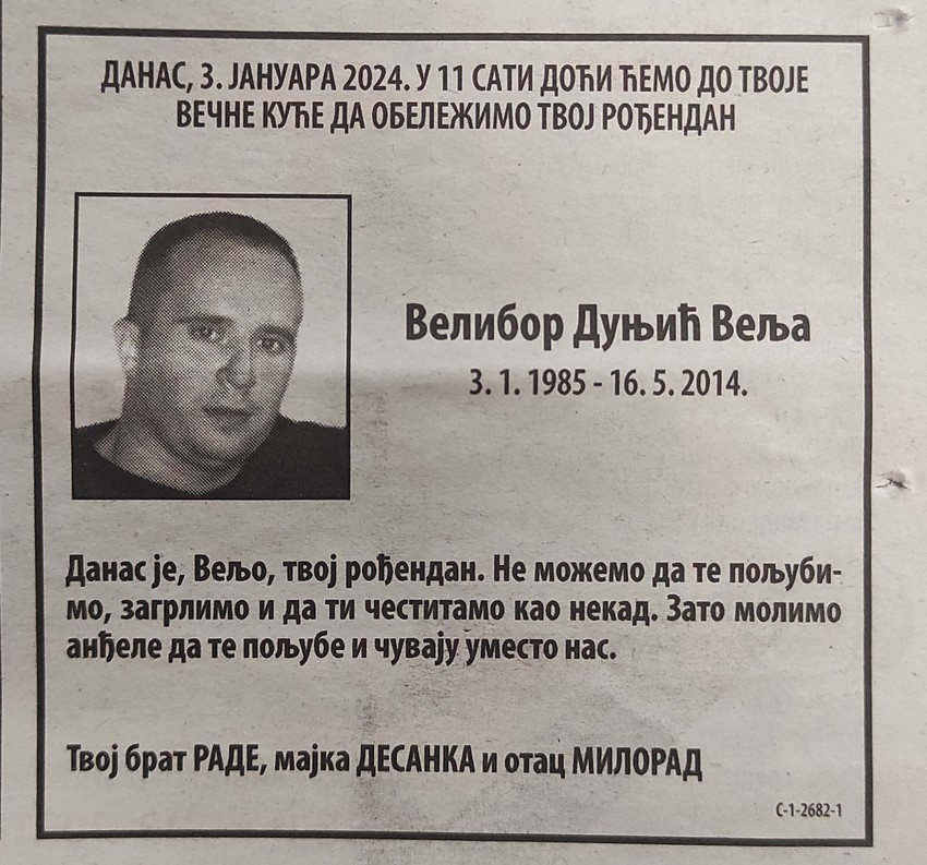 Čitulja Veliboru Dunjiću