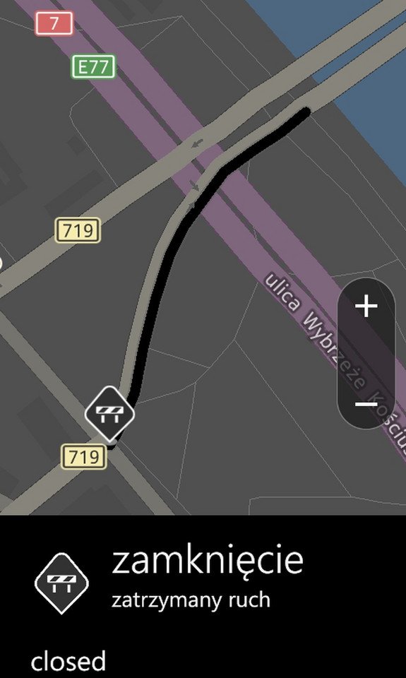 Na mapie w telefonie z Windows Phone 8 można zobaczyć także informacje o zamkniętych odcinkach dróg.
