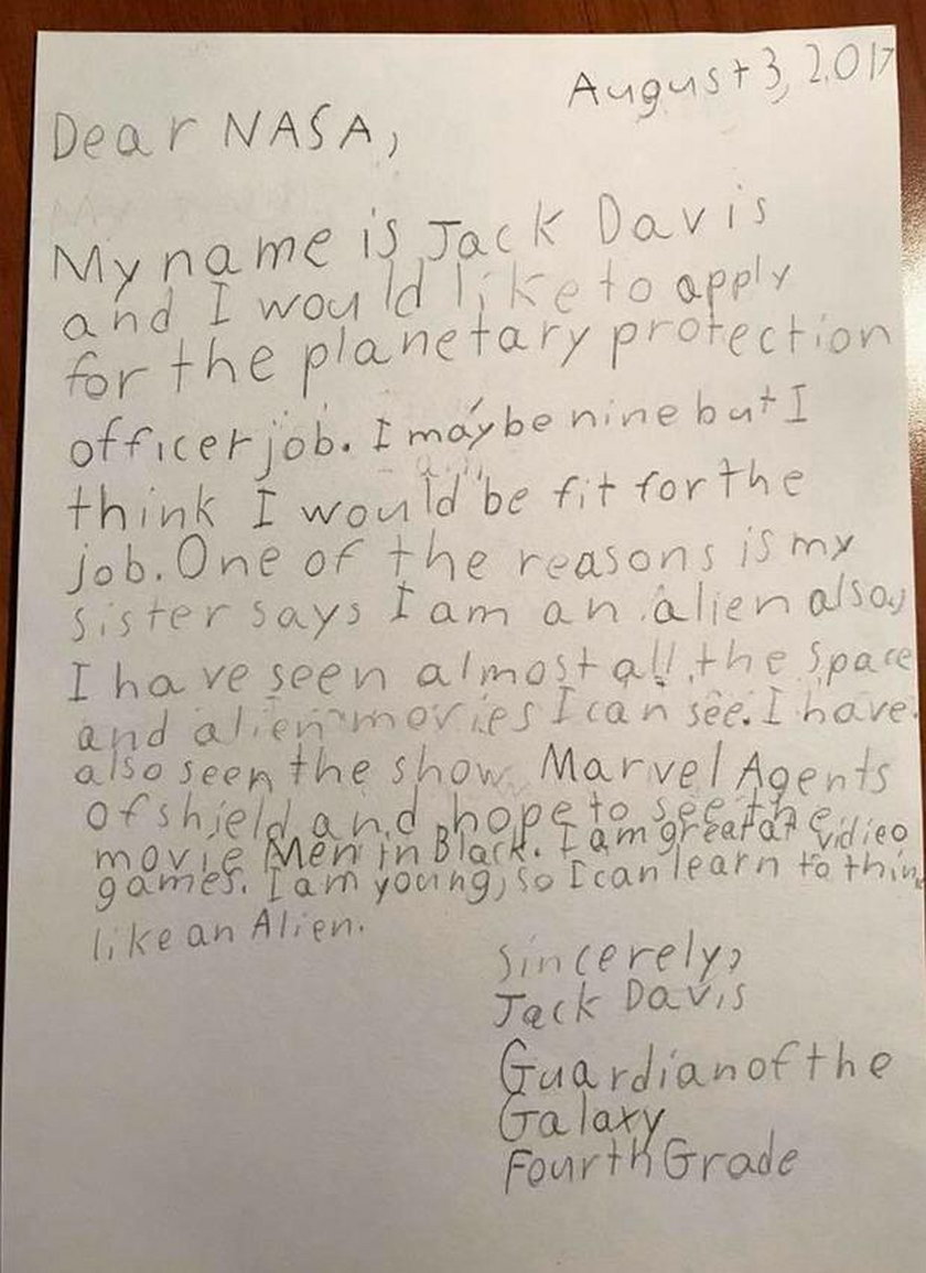 Chłopiec napisał, że chce bronić Ziemi  przed kosmitami
