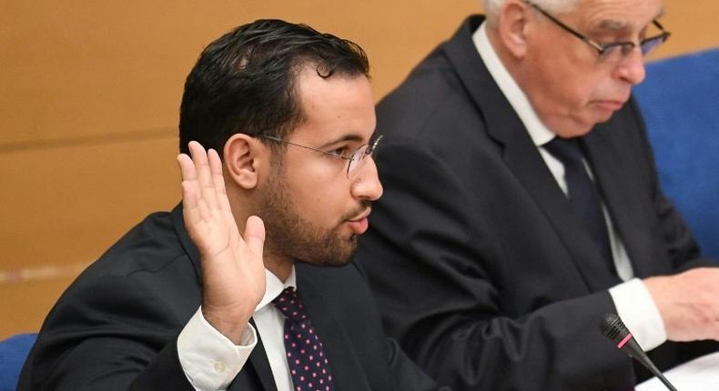 Former Elysee senior security officer Alexandre Benalla being sworn ahead of testifying before a French Senate inquiry