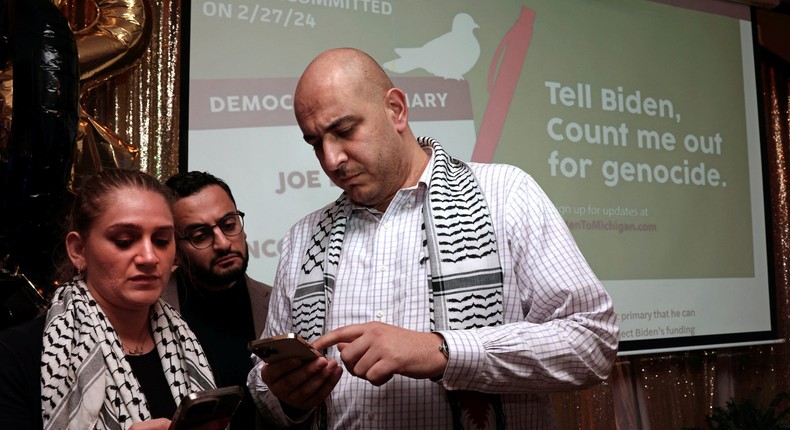 Organizers with the Listen to Michigan campaign following election results during a watch party in Dearborn, Michigan on February 27, 2024.Jeff Kowalsky/AFP via Getty Images