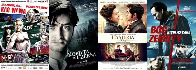Plakaty z filmów: "Kac Wawa", "Kobieta w czerni", "Histeria - romantyczna historia wibratora", "Bóg zemsty"