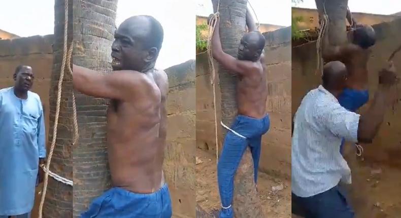 Elder orders, supervises flogging of crying man tied to a tree for beating wife