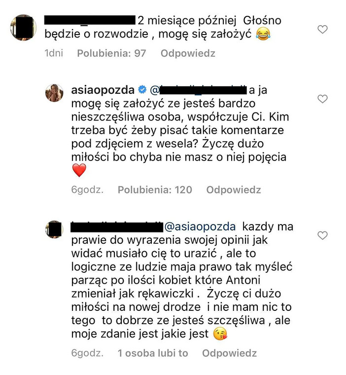 Joanna Opozda odpowiedziała hejterce
