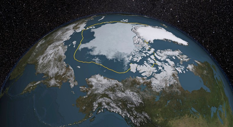 The 2015 Arctic sea ice summertime minimum was 699,000 square miles below the 1981-2010 average, shown here as a gold line in this visual representation of a NASA analysis of satellite data released September 14, 2015.