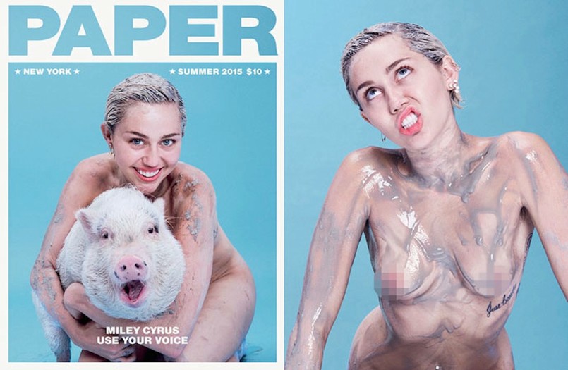 Na okładce pisma "Paper" Miley Cyrus pojawia się naga obejmująca świnię. W środku natomiast znalazły się inne zdjęcia gołej gwiazdy.