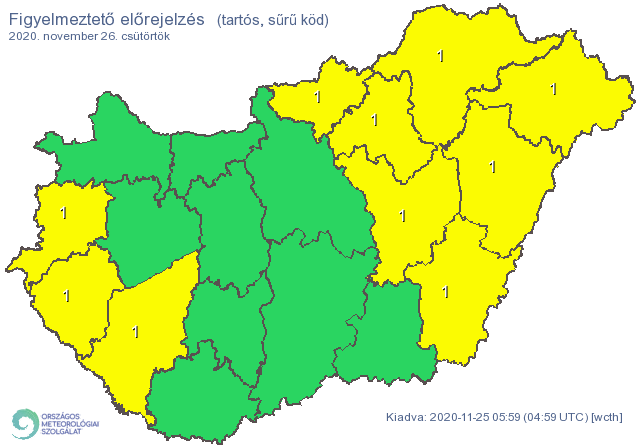 Csütörtökre már 10 megyére adtak ki figyelmeztetést a tartós, sűrű köd miatt /Fotó: Országos Meteorológiai Szolgálat/