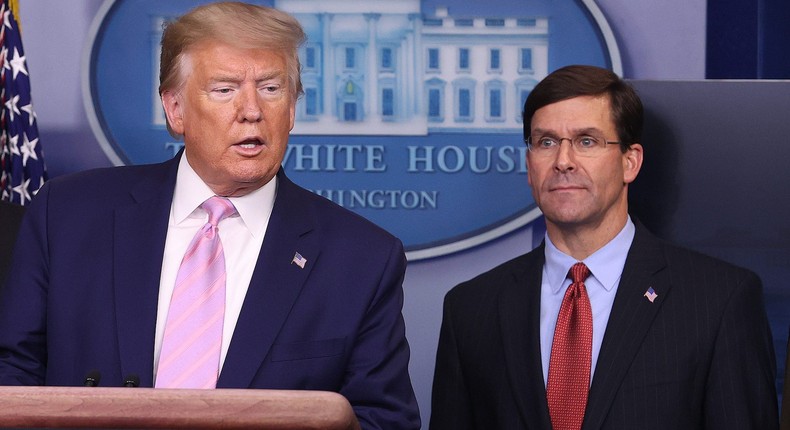 President Donald Trump and Defense Secretary Mark Esper in the White House's press briefing room on April 1, 2020.