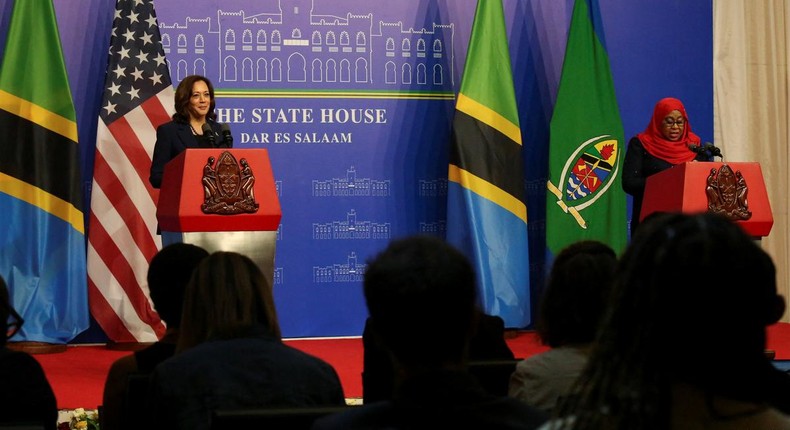 US Vice President Kamala Harris with President of Tanzania, Samia Suluhu Hassan, at The State House in Dar Es Salaam.