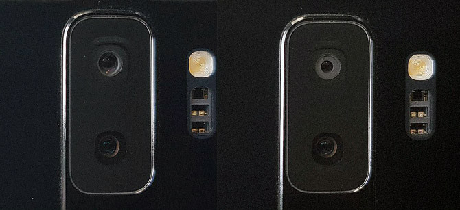 Mechaniczna przysłona Galaxy S9+ w akcji... na zdjęciu widać wyraźnie otwarte i przymknięte listki przysłony modułu szerokokątnego (górna optyka głównego aparatu)