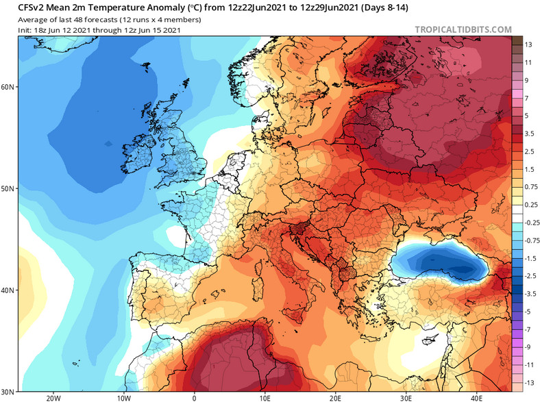 Prognozowana anomalia temperatury powietrza w Europie (23-29.06)