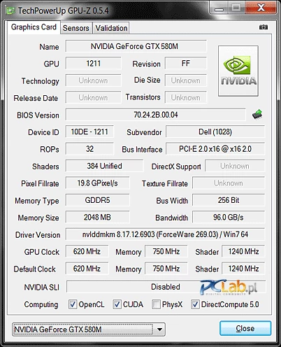 Tak przedstawia się GTX 580M w programie GPU-Z