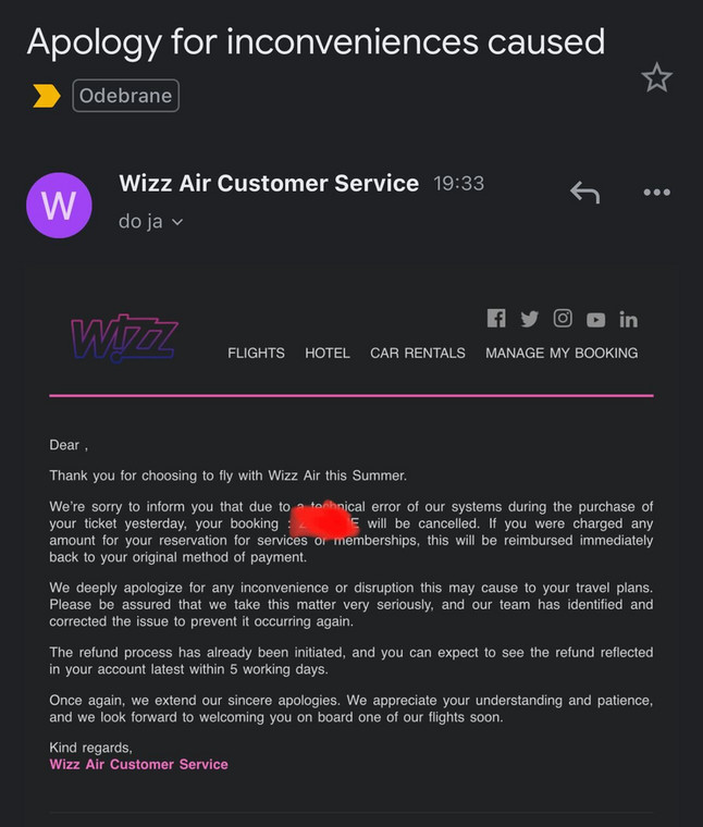 Wiadomośc od Wizz Air, źródło: Fly4free