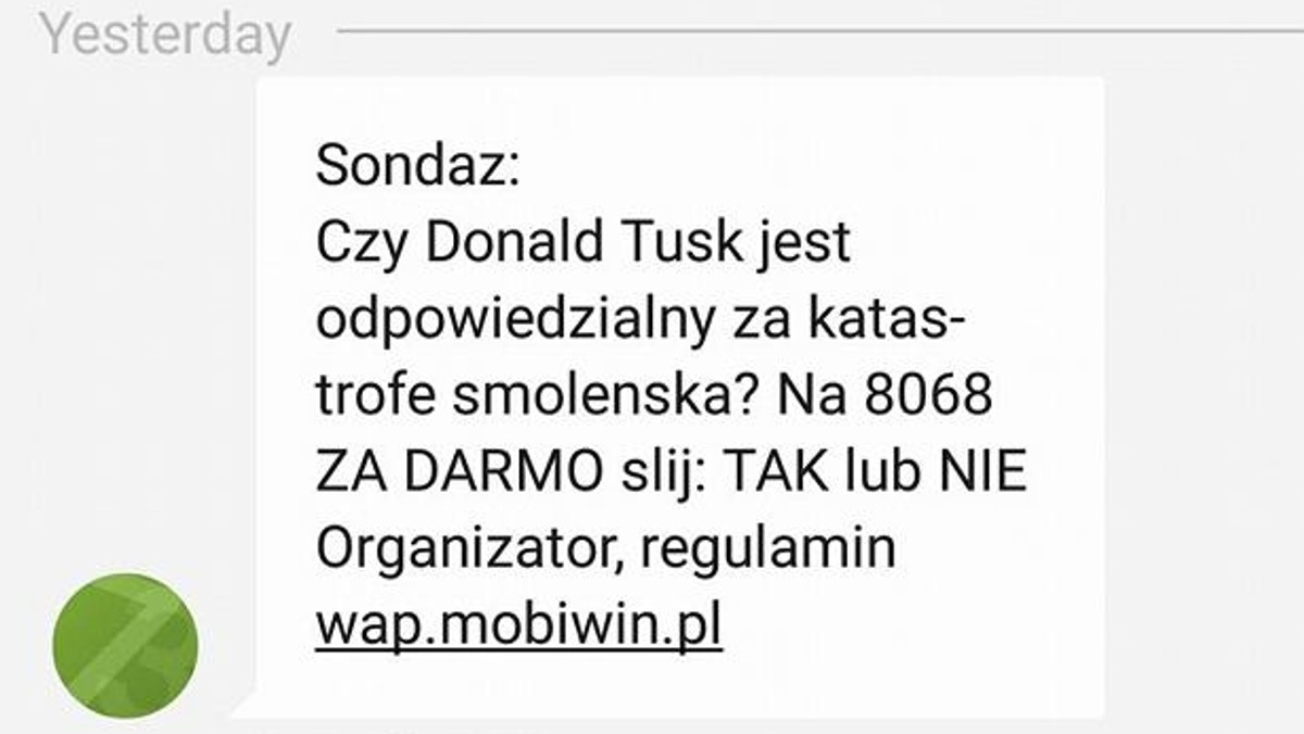 SMS-y z pytaniem, czy Donald Tusk jest odpowiedzialny za katastrofę pod Smoleńskiem, dotarły w 8. rocznicę tragedii do wielu osób - donoszą internauci na Twitterze. "Pytania i tezy zawarte w wiadomościach SMS nie odzwierciedlają stanowiska Mobiwin" - tłumaczy w komunikacie dla portalu Gazeta.pl firma odpowiedzialna za rozsyłanie sondy.