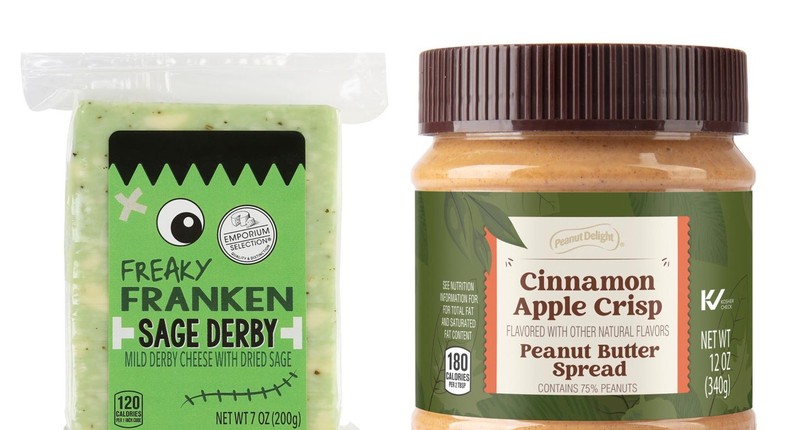 This month, Aldi is carrying seasonal items like Halloween-themed cheeses and fall-inspired peanut butter.Aldi