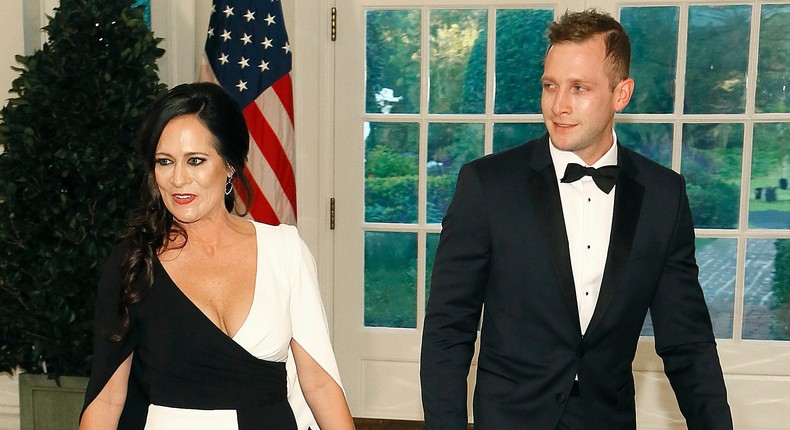 Press Secretary Stephanie Grisham (L) and Max Miller arrive arrive for the State Dinner at The White House honoring Australian PM Morrison on September 20, 2019 in Washington, DC. Trump hosted the Australian leader with an arrival ceremony and joint press conference earlier in the day.
