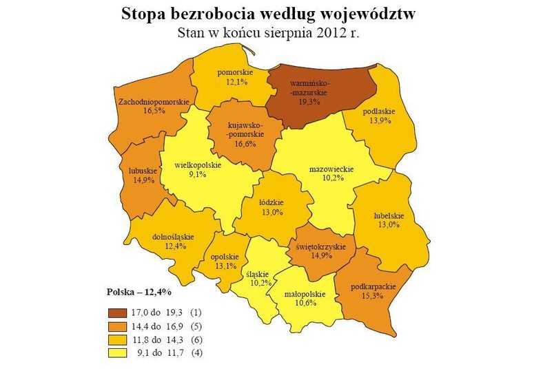 Mapa bezrobocia w Polsce w sierpniu 2012 r.