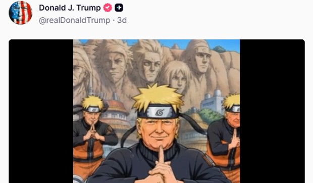 U jednoj od poslednjih objava, Tramp je objavio video u kojem je predstavljen kao Naruto, jedan od najpoznatijih likova japanske animacije. | Foto: Donald Trump/Truth Social