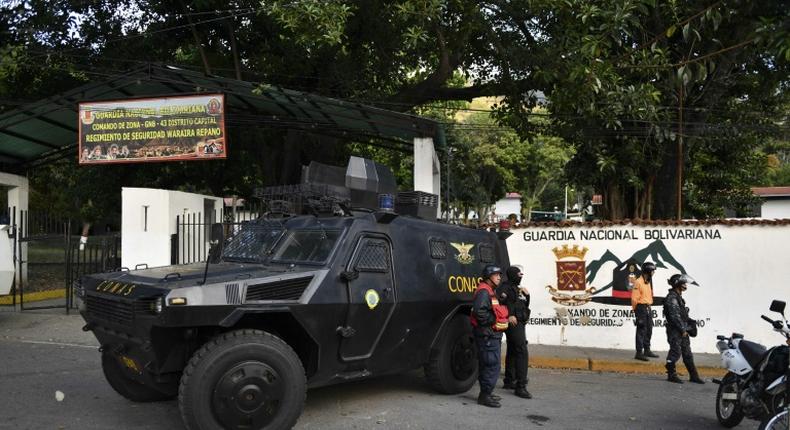 Armored cars in front of Cotiza Bolivarian National Guard headquarter in Caracas, Venezuela, after an uprising