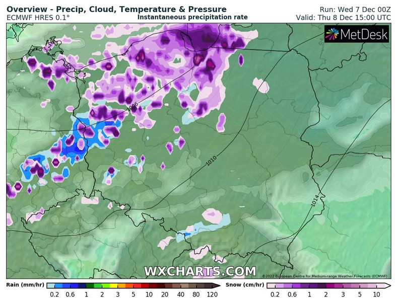 W czwartek najczęściej i najmocniej będzie padać w północnej i częściowo zachodniej Polsce