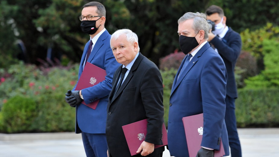 Mateusz Morawiecki, Jarosław Kaczyński oraz Piotr Gliński