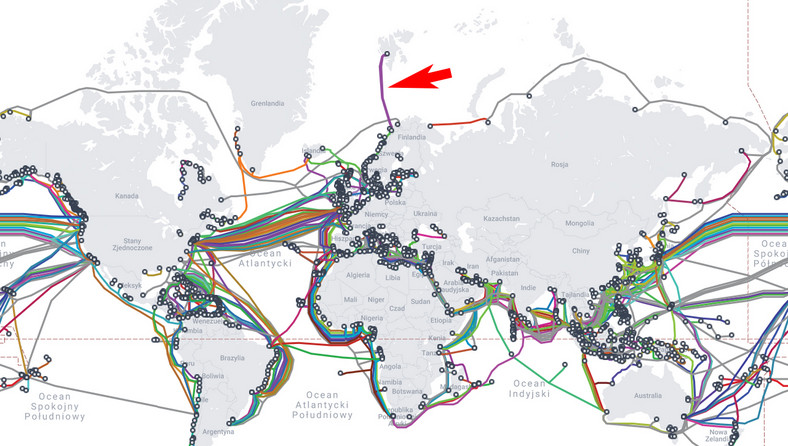 Undersea cables facilitating global connectivity.  The red arrow indicates the optical fiber connecting Svalbard to the rest of Norway