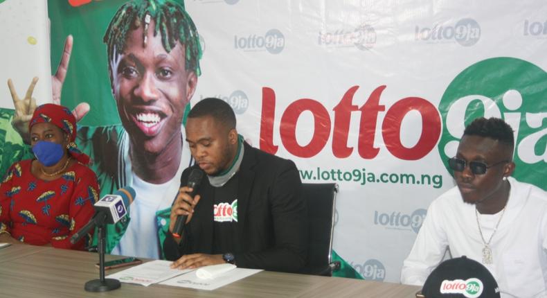 From left: Deputy Director, National Lottery Regulatory Commission (NLRC), Lagos, Mrs Priscilla Onuzulu; General Manager, Lotto9ja Limited,  Mitchel Okorie amd Afro hip hop artiste and Lotto9ja's Brand Ambassador, Omoniyi Temidayo Zlatan during the official launch of Lotto9ja in Victoria Island, Lagos...today (Tuesday 30/06/2020)