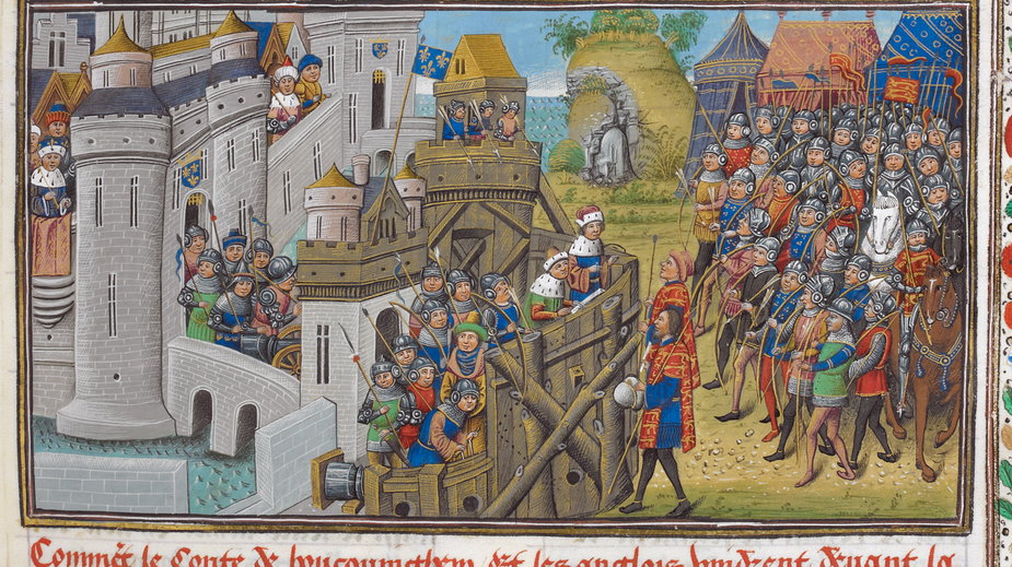 Oblężenie miasta średniowiecznego. Miniatura z rękopisu z lata 1470-1480 - domena publiczna