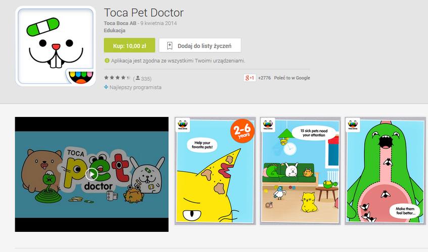<b>Toca Pet Doctor</b>
<br><br>
Tym razem nasz maluch wcieli się w rolę weterynarza, który rusza na ratunek 15 sympatycznym zwierzątkom. Każde z nich ma swój problem, z którym musimy się uporać. Czy pomożemy dżdżownicy się rozplątać? Czy uratujemy kotka, którego boli ucho? 