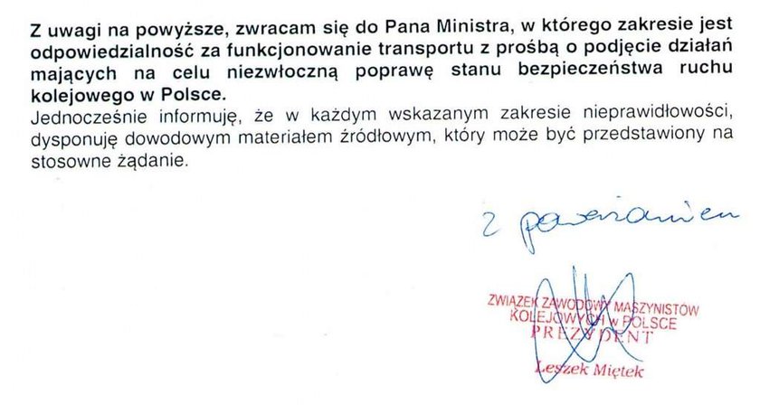 Maszyniści ostrzegali ministra: Zginą ludzie