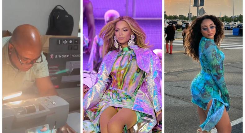 Jose Peralta making the dress (left), Beyonc during her tour date in Stockholm on May 10 (center), Geselle Valera wearing the dress outside the Renaissance show in East Rutherford, New Jersey, on July 29 (right).Geselle Valera, Kevin Mazur/Getty Images for Parkwood)