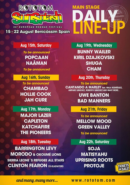 Rototom Sunsplash 2015  - program sceny głównej