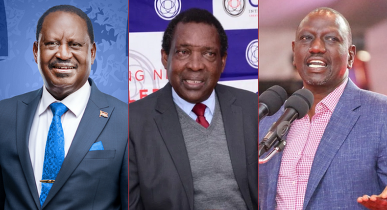 Azimio presidential candidate Raila Odinga, political analyst Prof. Herman Manyora and Kenya Kwanza candidate William Ruto