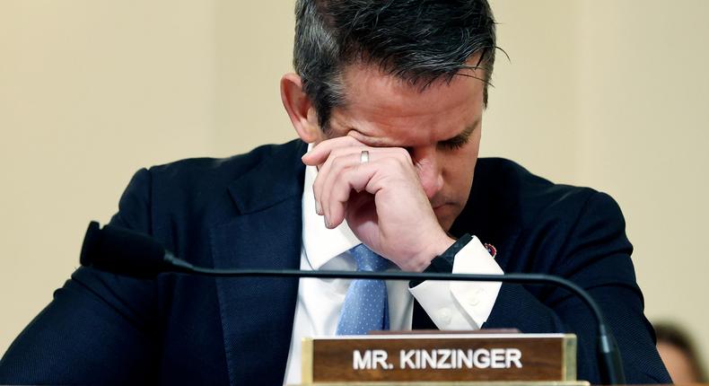 Rep. Adam Kinzinger, R-Ill., wipes his eyes as he listens to testimony before the House select committee hearing on the Jan. 6 attack on Capitol Hill in Washington, Tuesday, July 27, 2021.
