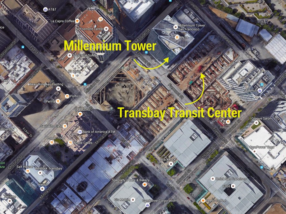 An aerial view of downtown San Francisco shows the proximity of Millennium Tower and Transbay Transit Center.