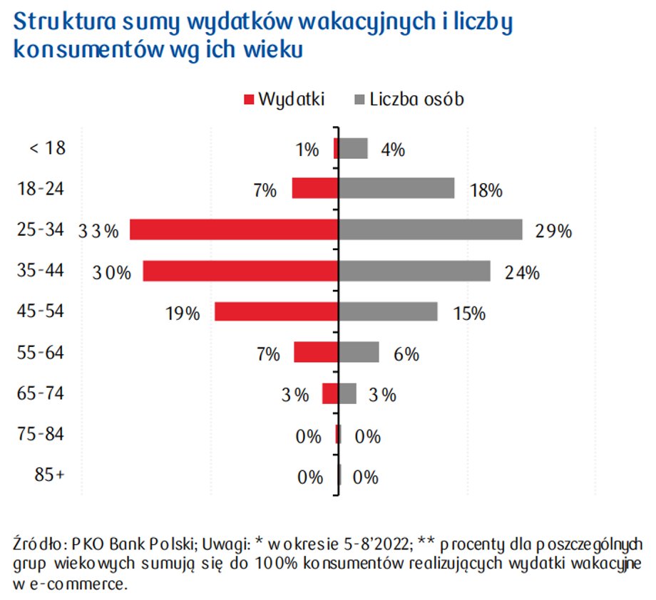 Największa część wydatków rejestrowanych w internecie pochodzi od płatników w wieku 25-34 lata.