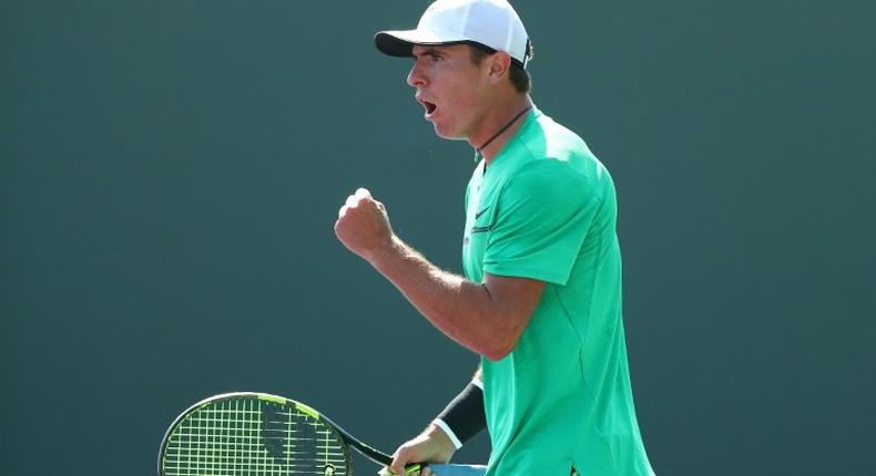 Ernesto Escobedo reacts during his match against Daniel Evans of Great Britain during day 3 of the Miami Open at Crandon Park Tennis Center on March 22, 2017