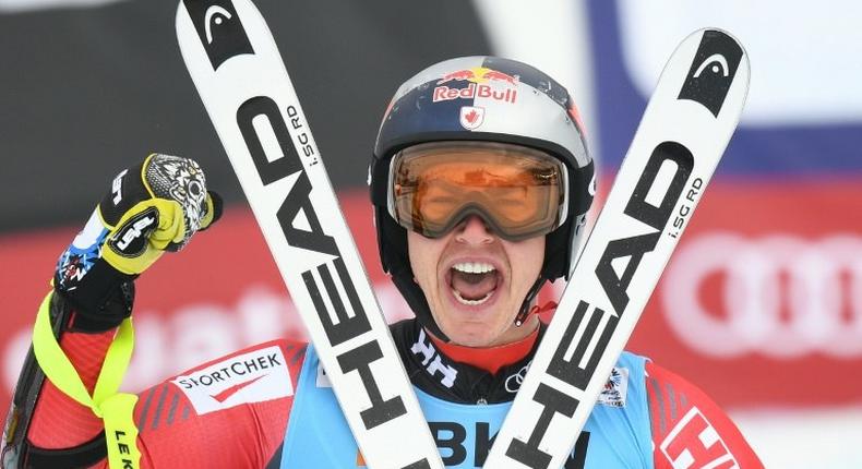 Canada's Erik Guay reacts in the finish area of the men's Super-G at the World Ski Championships in St. Moritz, Switzerland, on February 8, 2017