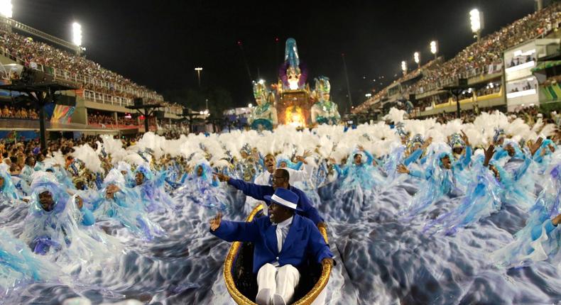 Revelers from Portela samba school performing for the second night of the carnival parade at the Sambadrome in Rio de Janeiro.