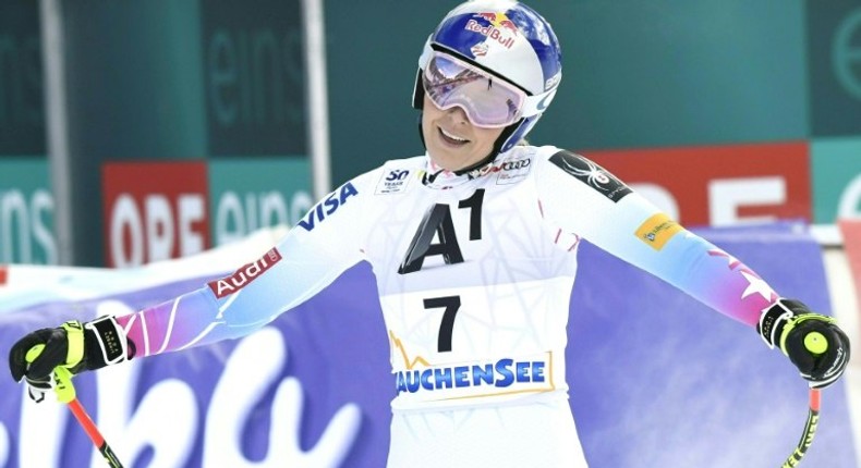 Lindsey Vonn of the US reacts after her run during the World Cup downhill race at Altenmarkt-Zauchense, Austria, on January 15, 2017