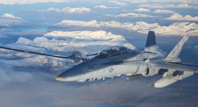 An F/A-18D Hornet, with Marine All-Weather Fighter Attack Squadron (VMFA) 224, conducts an aerial refuel